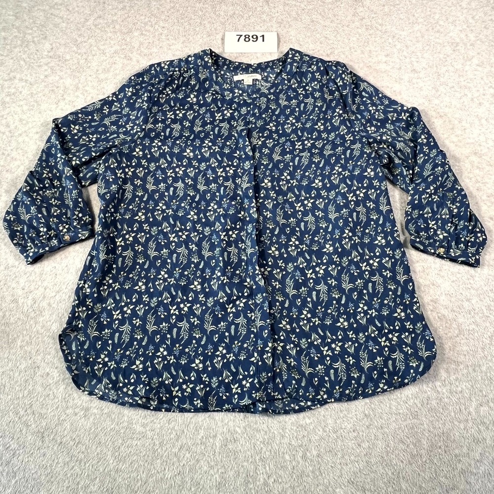 JACHS Girlfriend Blouse Top Womens Small Blue Floral Split‎ Neck Long Sleeve